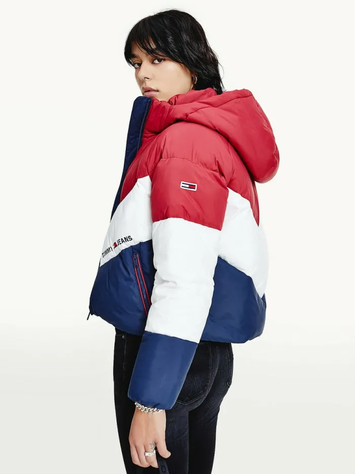 Tommy Hilfiger Essential Down Chevron Puffer Jacket Cranberry CrushMulti Womens Coats and Jackets Sale