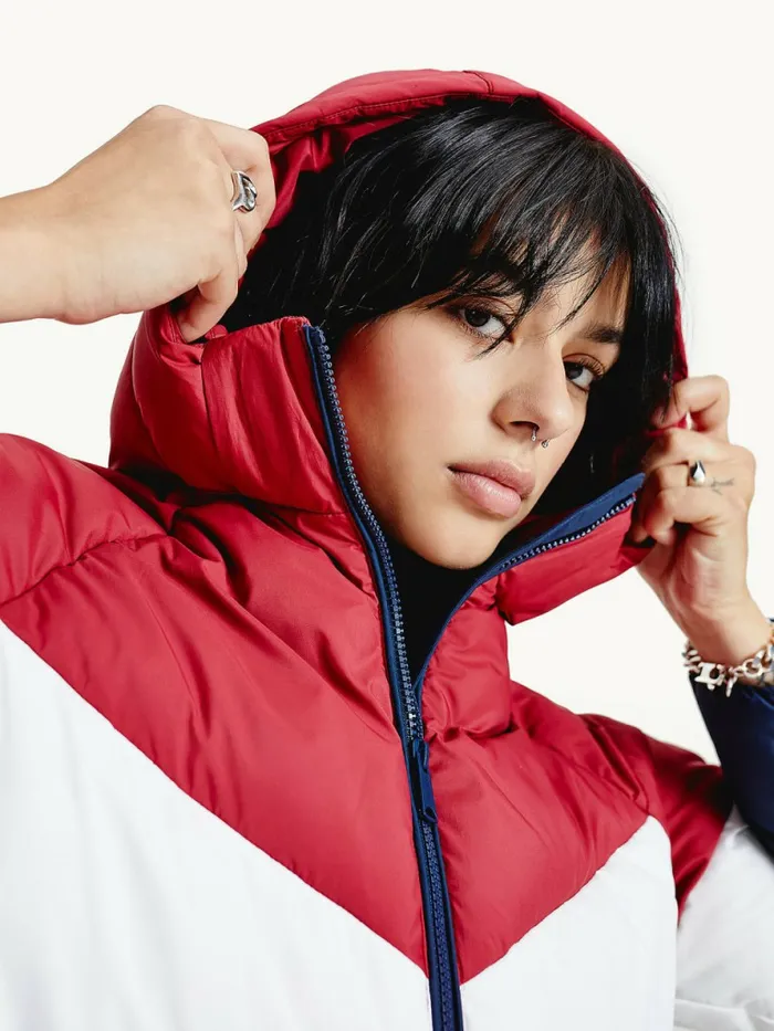 Tommy Hilfiger Essential Down Chevron Puffer Jacket Cranberry CrushMulti Womens Coats and Jackets Sale