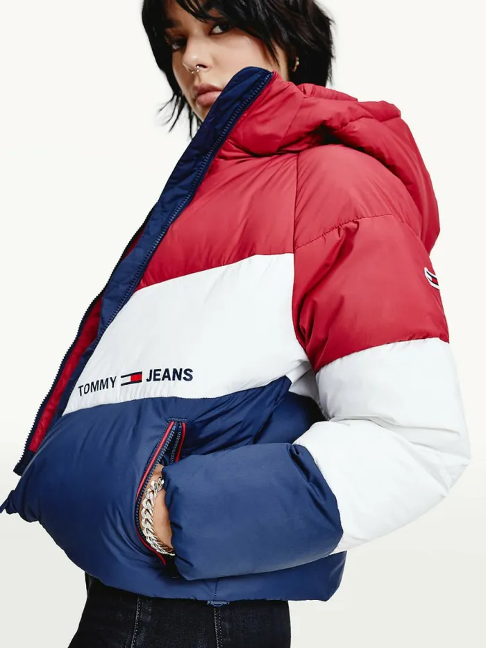 Tommy Hilfiger Essential Down Chevron Puffer Jacket Cranberry CrushMulti Womens Coats and Jackets Sale