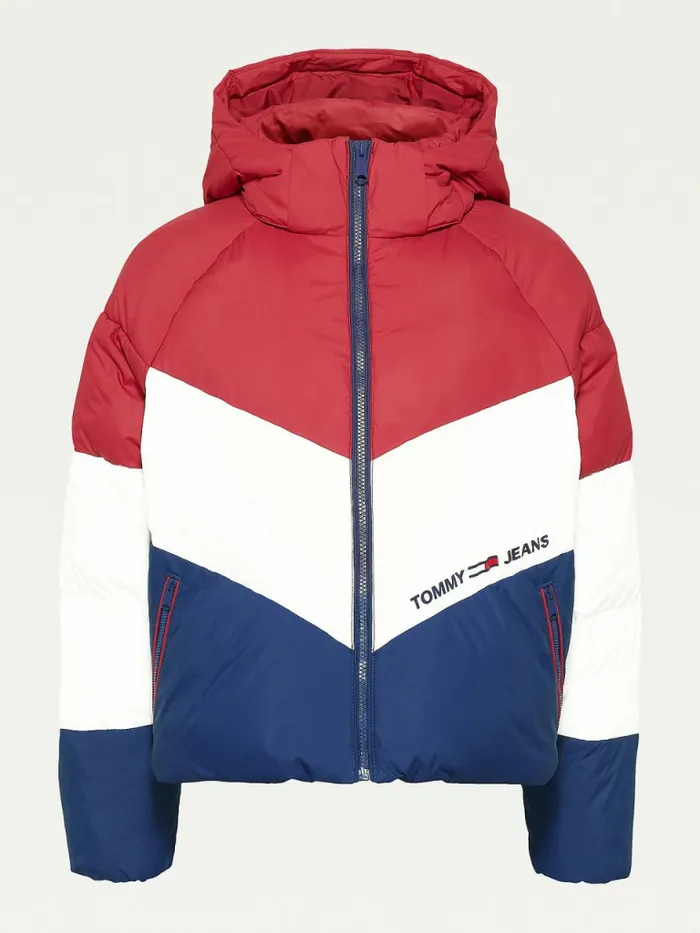 Tommy Hilfiger Essential Down Chevron Puffer Jacket Cranberry CrushMulti Womens Coats and Jackets Sale
