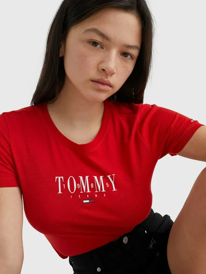 Tommy Hilfiger Essential Logo Skinny Fit TShirt Deep Crimson Womens TShirts Sale