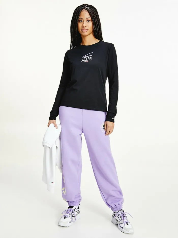 Tommy Hilfiger Essential Logo Slim Fit Long Sleeve TShirt Black Womens TShirts Casaul Tommy Hilfiger Essential Logo Slim Fit Long Sleeve TShirt Black Womens TShirts Casaul