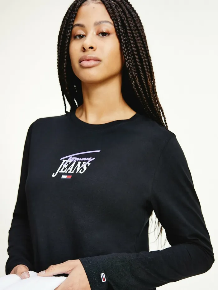Tommy Hilfiger Essential Logo Slim Fit Long Sleeve TShirt Black Womens TShirts Casaul