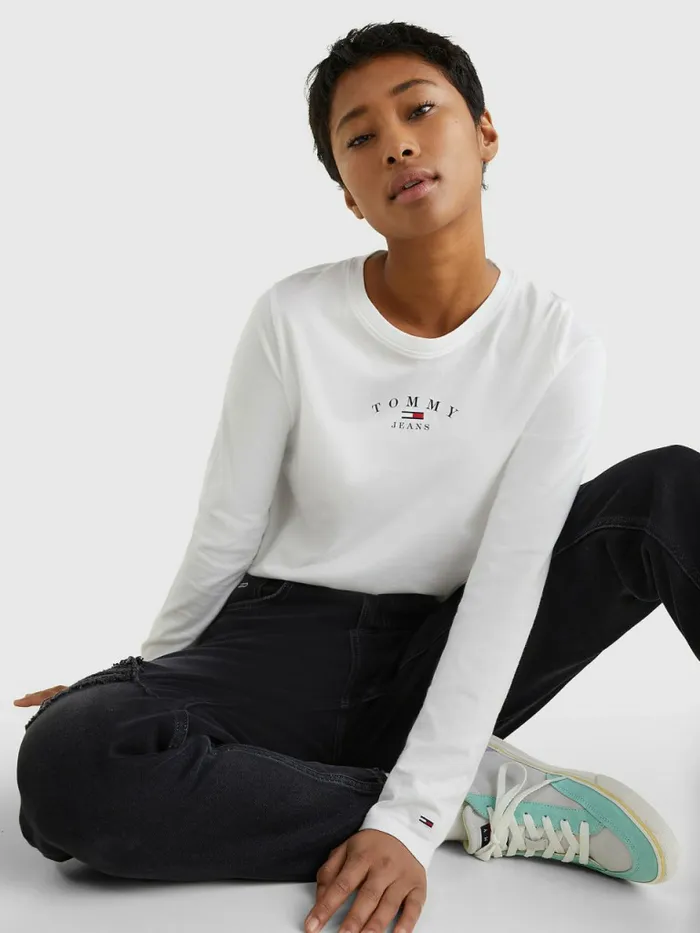 Tommy Hilfiger Essential Logo Slim Fit Long Sleeve TShirt White Womens TShirts Sale