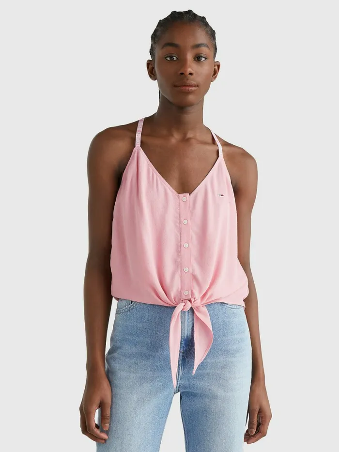 Tommy Hilfiger Essential Logo Tape Strap Top Fresh Pink Womens Shirts and Blouses On Sale Tommy Hilfiger Essential Logo Tape Strap Top Fresh Pink Womens Shirts and Blouses On Sale