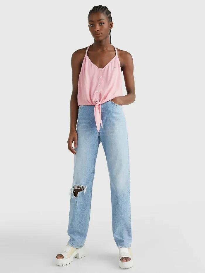 Tommy Hilfiger Essential Logo Tape Strap Top Fresh Pink Womens Shirts and Blouses On Sale