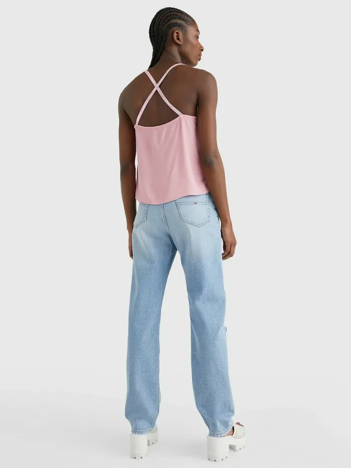 Tommy Hilfiger Essential Logo Tape Strap Top Fresh Pink Womens Shirts and Blouses On Sale