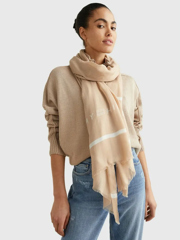 Tommy Hilfiger Essential Modal Logo Scarf Sandrift Womens Hats and Scarves Gift 4 You