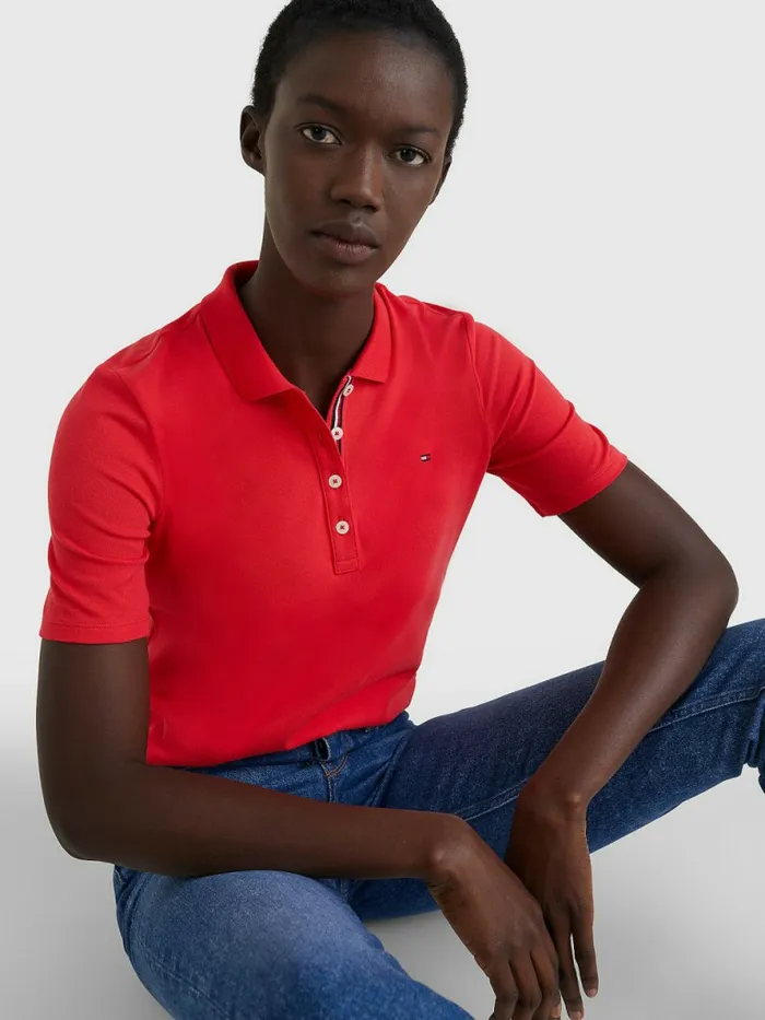 Tommy Hilfiger Essential Placket Detail Polo Red Alert Womens Polo Shirts For Sale