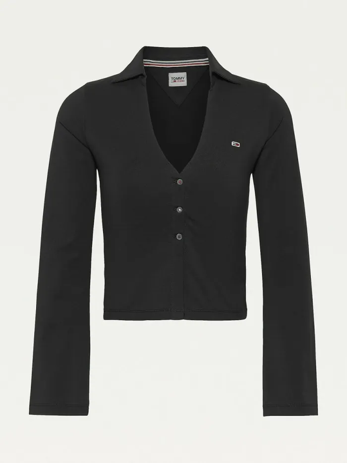 Tommy Hilfiger Essential Plunge Neck Polo Black Womens Polo Shirts Sale