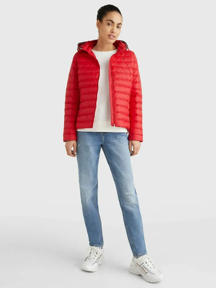 Tommy Hilfiger Essential Removable Hood Down Jacket Primary Red Womens Coats and Jackets Gift for Friend