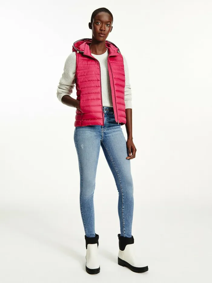 Tommy Hilfiger Essential Removable Hood Down Vest Crimson Ruby Womens Coats and Jackets Sale