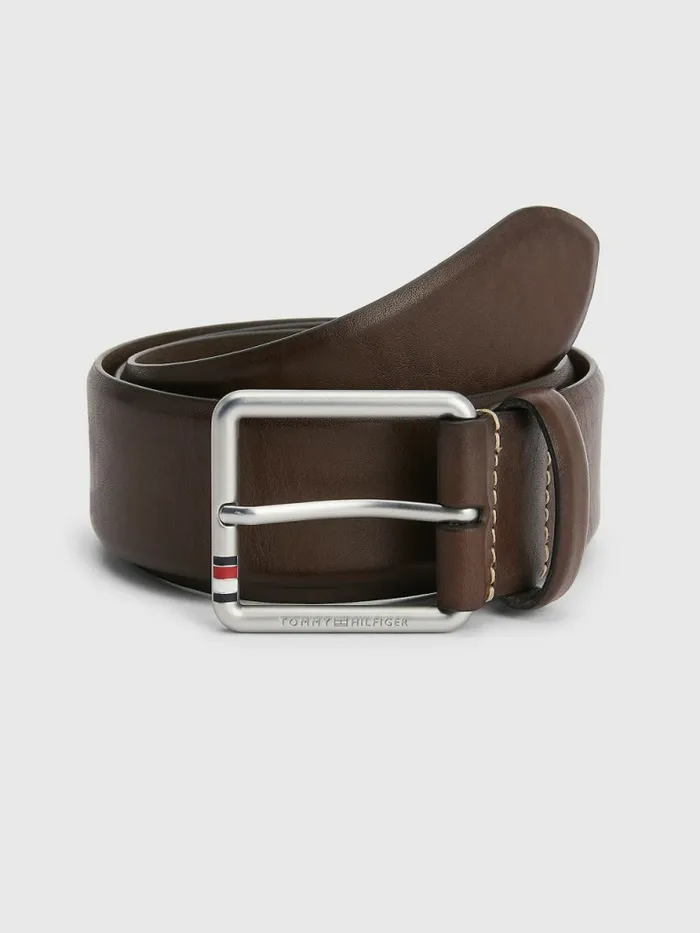 Tommy Hilfiger Essential Signature Detail Leather Belt Tree Bark Brown Mens Belts Sale