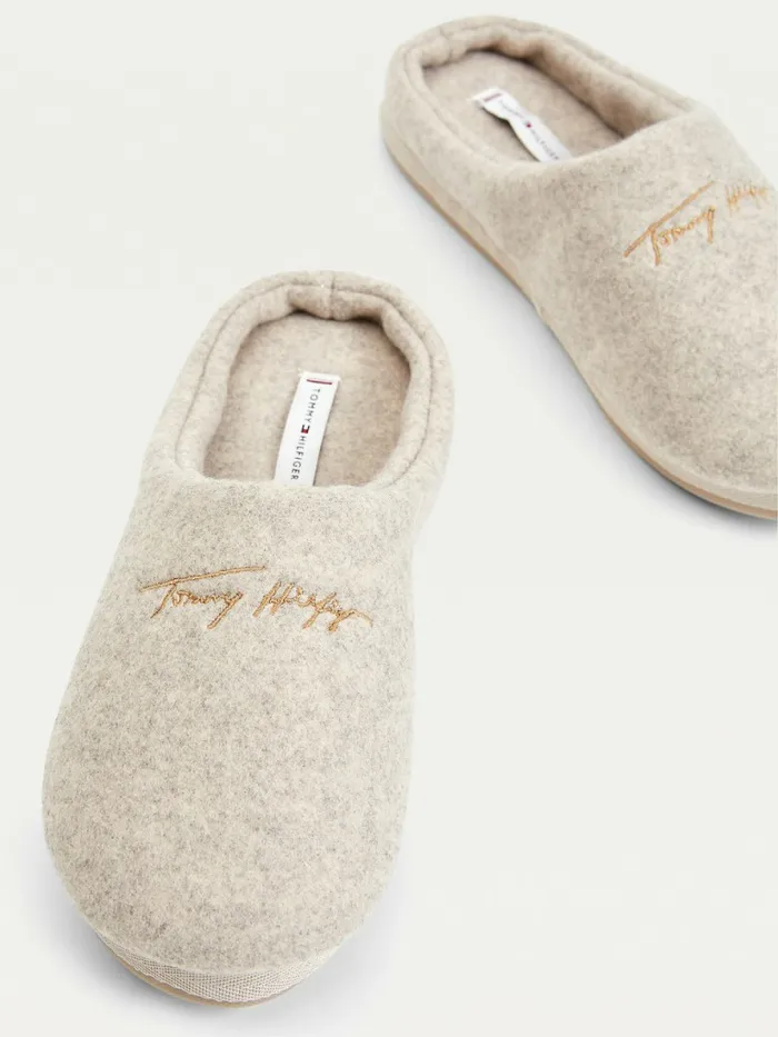 Tommy Hilfiger Essential Signature Home Slipper Beige Heather Womens Flat Shoes On Sale