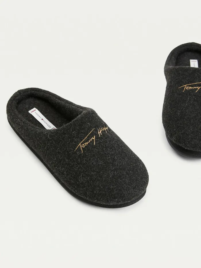 Tommy Hilfiger Essential Signature Home Slipper Black Heather Womens Flat Shoes Gift for Friend