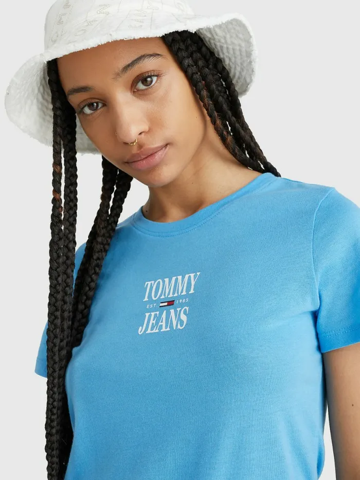 Tommy Hilfiger Essential Skinny Fit Logo TShirt Blue Crush Womens TShirts Popular