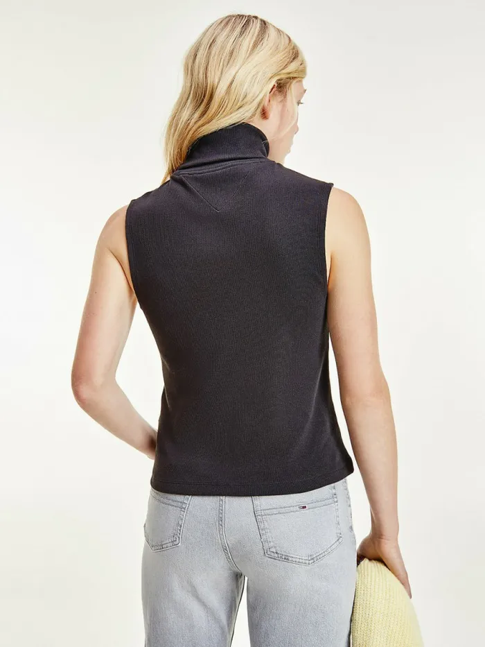 Tommy Hilfiger Essential Turtleneck Sleeveless Slim Vest Black Womens TShirts On Sale