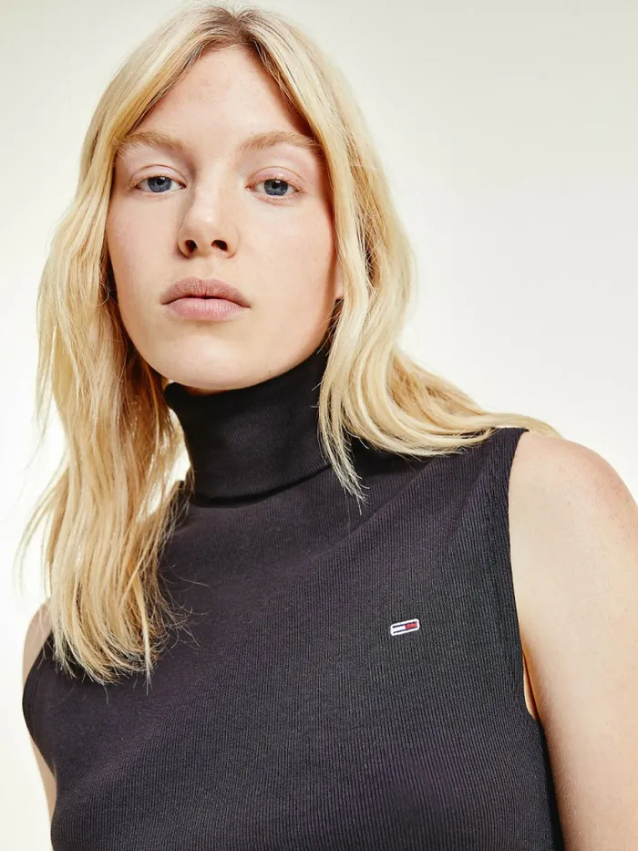 Tommy Hilfiger Essential Turtleneck Sleeveless Slim Vest Black Womens TShirts On Sale