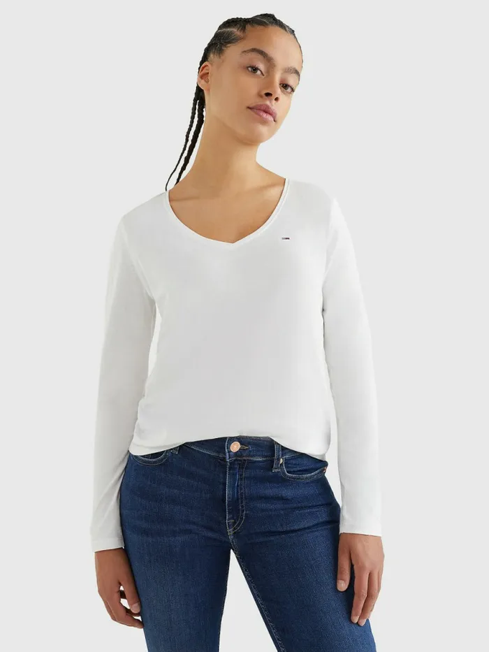 Tommy Hilfiger Essential VNeck Long Sleeve TShirt White Womens TShirts Gift 4 You Tommy Hilfiger Essential VNeck Long Sleeve TShirt White Womens TShirts Gift 4 You