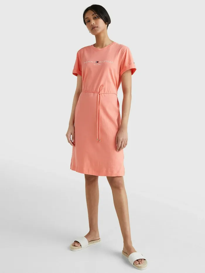 Tommy Hilfiger Essentials Logo Short Sleeve Dress Coral Blossom Womens Dresses and Jumpsuits On Sale
