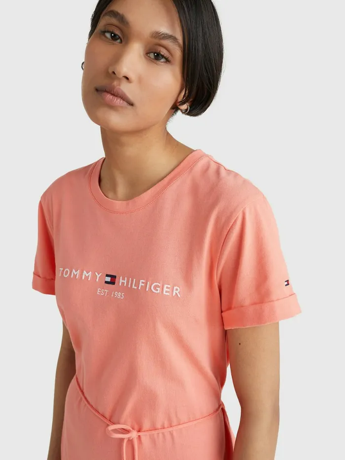 Tommy Hilfiger Essentials Logo Short Sleeve Dress Coral Blossom Womens Dresses and Jumpsuits On Sale