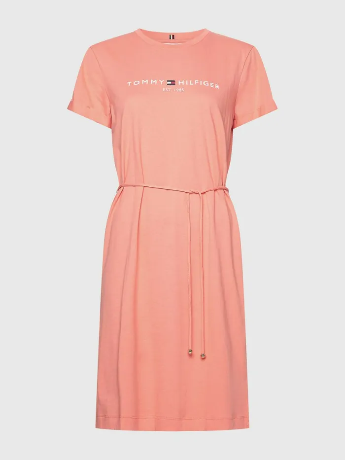Tommy Hilfiger Essentials Logo Short Sleeve Dress Coral Blossom Womens Dresses and Jumpsuits On Sale