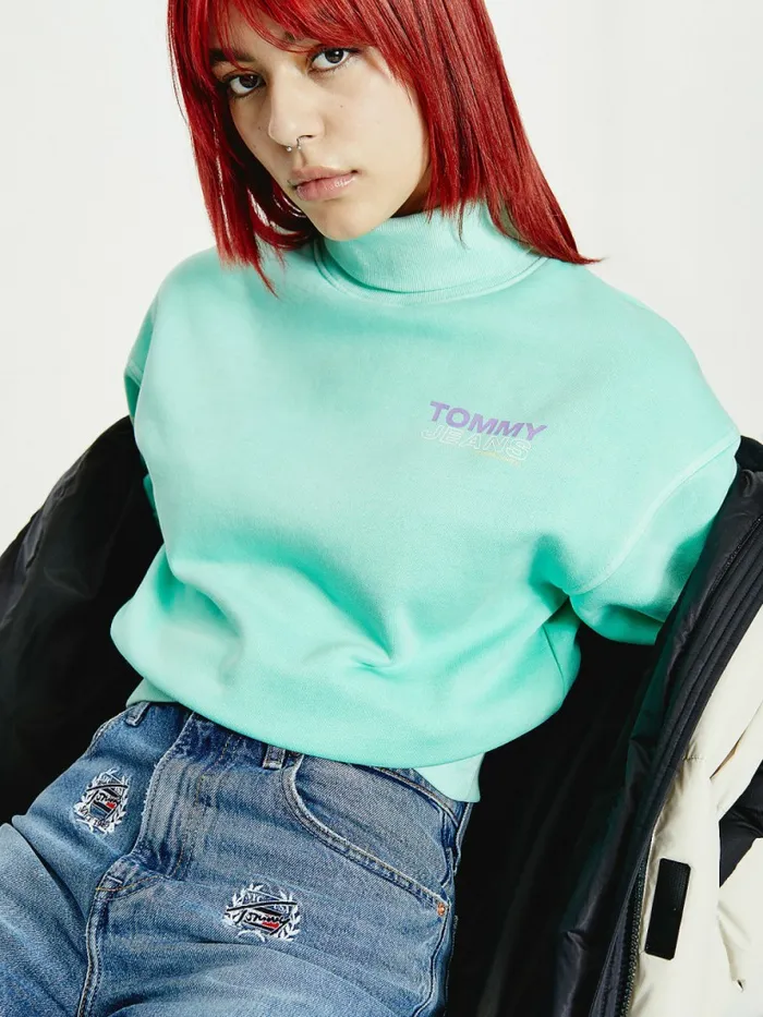 Tommy Hilfiger Faded Boxy Turtleneck Sweatshirt Clear Lagoon Womens Sweatshirts and Hoodies Gift for Friend Tommy Hilfiger Faded Boxy Turtleneck Sweatshirt Clear Lagoon Womens Sweatshirts and Hoodies Gift for Friend