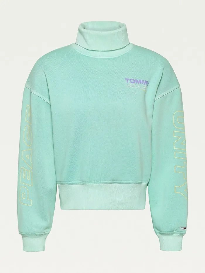 Tommy Hilfiger Faded Boxy Turtleneck Sweatshirt Clear Lagoon Womens Sweatshirts and Hoodies Gift for Friend