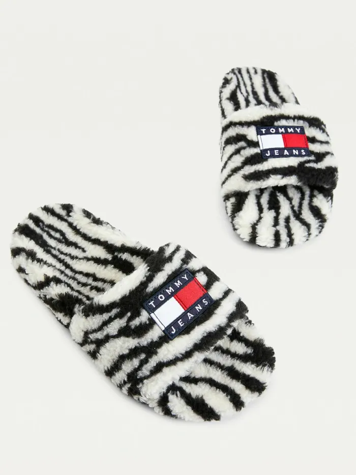 Tommy Hilfiger Faux Fur Zebra Slides Black Womens Sandals Gift Ideas