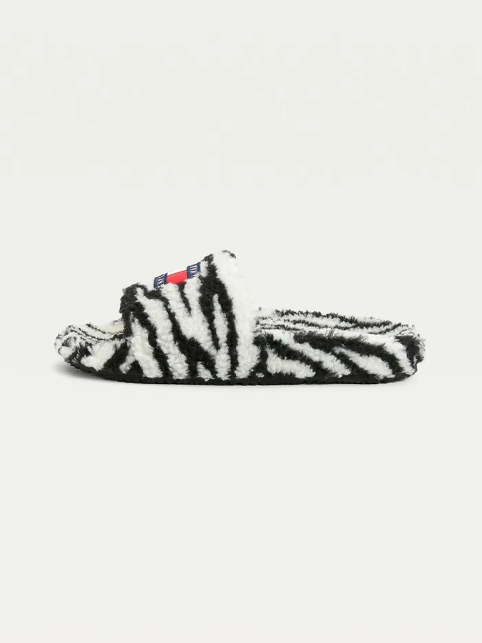Tommy Hilfiger Faux Fur Zebra Slides Black Womens Sandals Gift Ideas