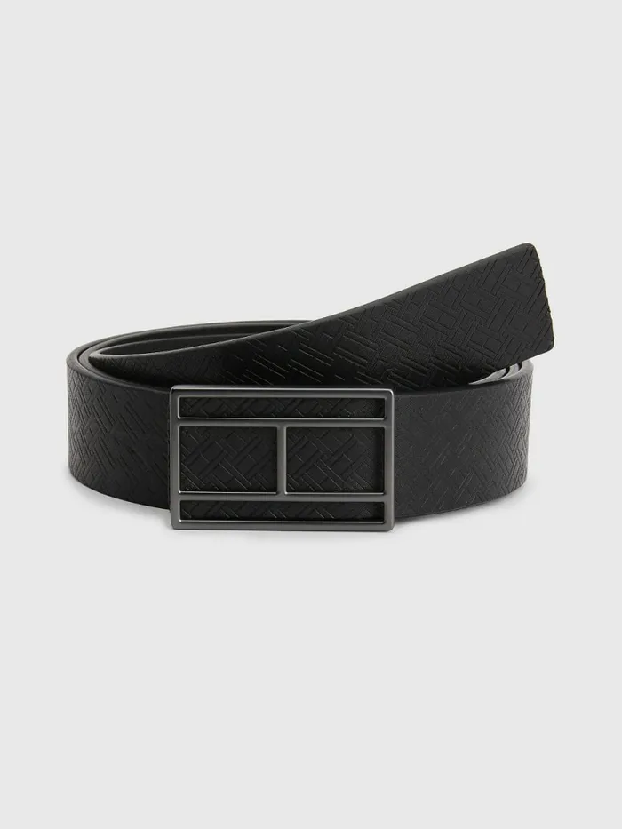 Tommy Hilfiger Flag Buckle Leather Belt Black Flag Monogram Mens Belts Gift for Friend