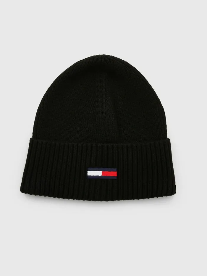 Tommy Hilfiger Flag Embroidery Beanie Black Womens Hats and Scarves Fashion