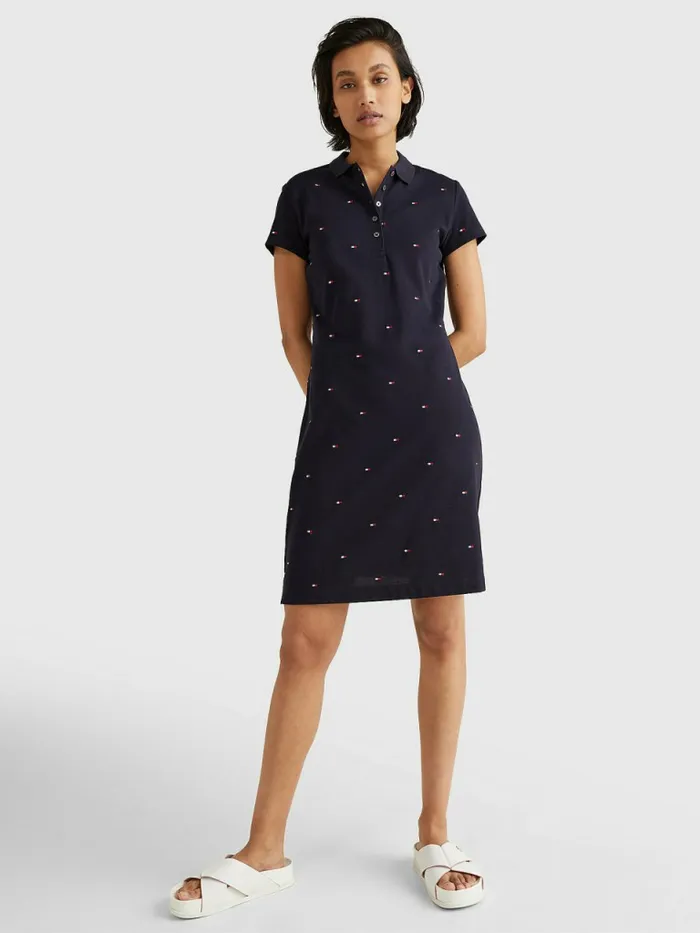 Tommy Hilfiger Flag Embroidery Polo Dress Mini Flag All Over EmbNavy Womens Dresses and Jumpsuits Near Me