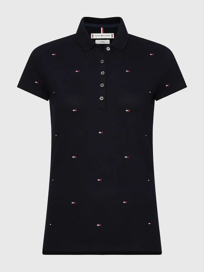 Tommy Hilfiger Flag Embroidery Slim Fit Polo Mini Flag All Over EmbrNavy Womens Polo Shirts Cheap On Sale