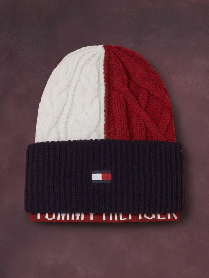 Tommy Hilfiger Flag Icon Cable Knit Beanie Desert Sky Womens Hats and Scarves Fashion Tommy Hilfiger Flag Icon Cable Knit Beanie Desert Sky Womens Hats and Scarves Fashion