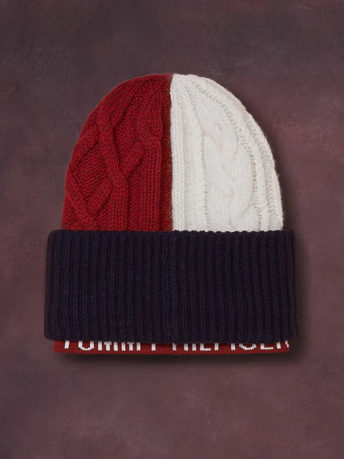 Tommy Hilfiger Flag Icon Cable Knit Beanie Desert Sky Womens Hats and Scarves Fashion