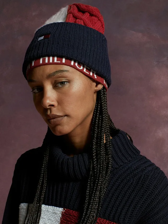 Tommy Hilfiger Flag Icon Cable Knit Beanie Desert Sky Womens Hats and Scarves Fashion