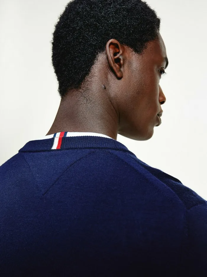 Tommy Hilfiger Flag Logo Merino Wool Cardigan Desert Sky Mens Knitwear Cheap On Sale