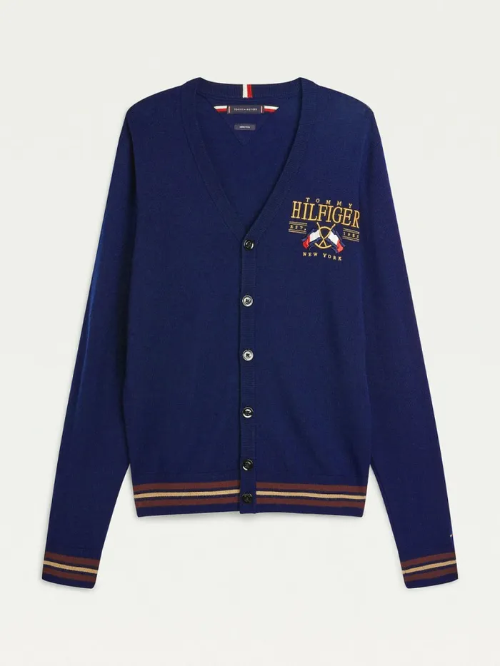 Tommy Hilfiger Flag Logo Merino Wool Cardigan Desert Sky Mens Knitwear Cheap On Sale