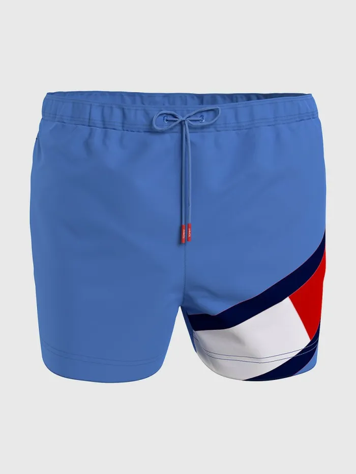 Tommy Hilfiger Flag Mid Length Drawstring Swim Shorts Peri Blue Mens Swimwear Gift for Friend Tommy Hilfiger Flag Mid Length Drawstring Swim Shorts Peri Blue Mens Swimwear Gift for Friend