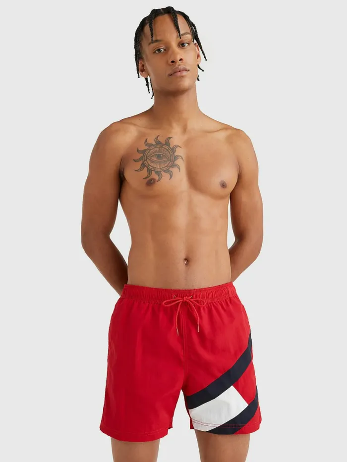 Tommy Hilfiger Flag Mid Length Drawstring Swim Shorts Primary Red Mens Swimwear On Sale