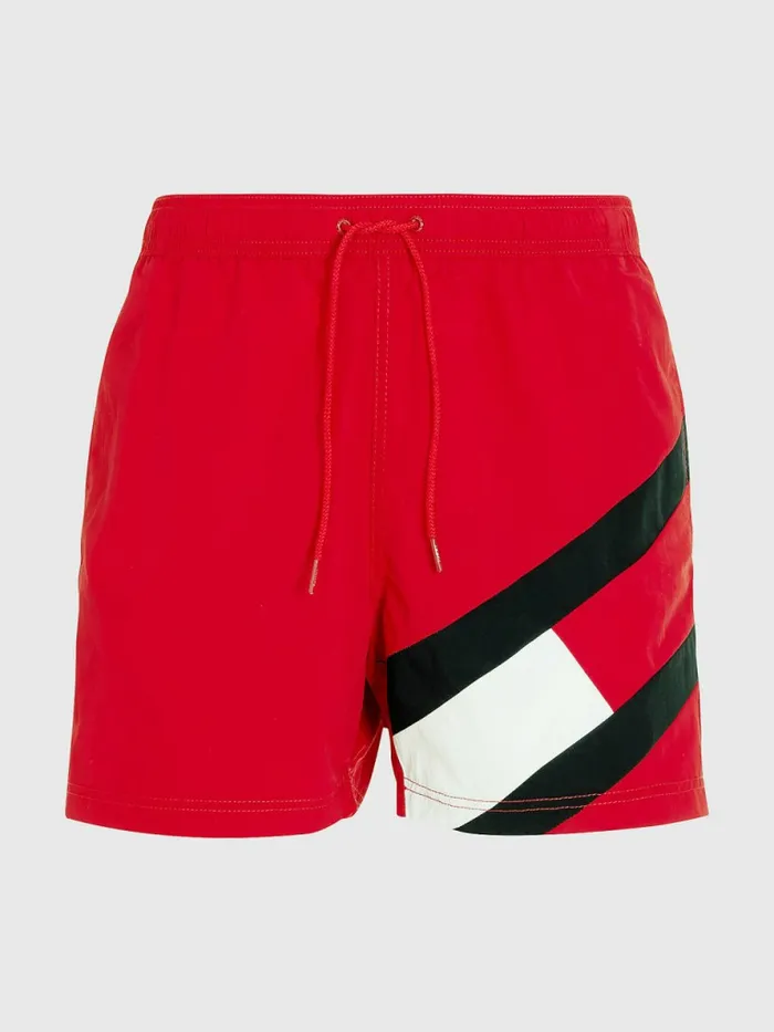 Tommy Hilfiger Flag Mid Length Drawstring Swim Shorts Primary Red Mens Swimwear On Sale