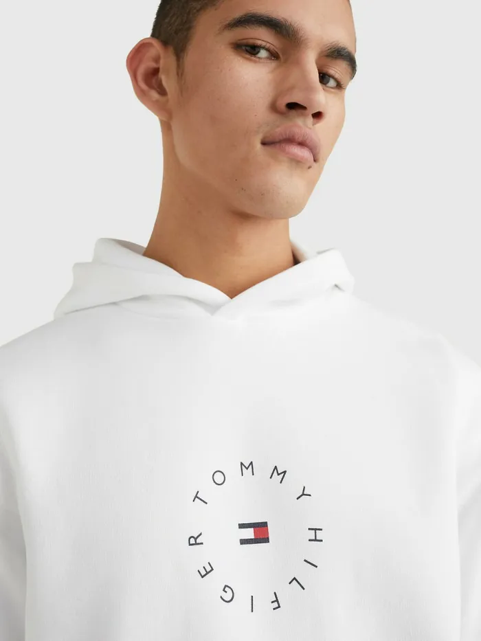 Tommy Hilfiger Flex Fleece Graphic Hoody White Mens Sweatshirts and Hoodies Near Me