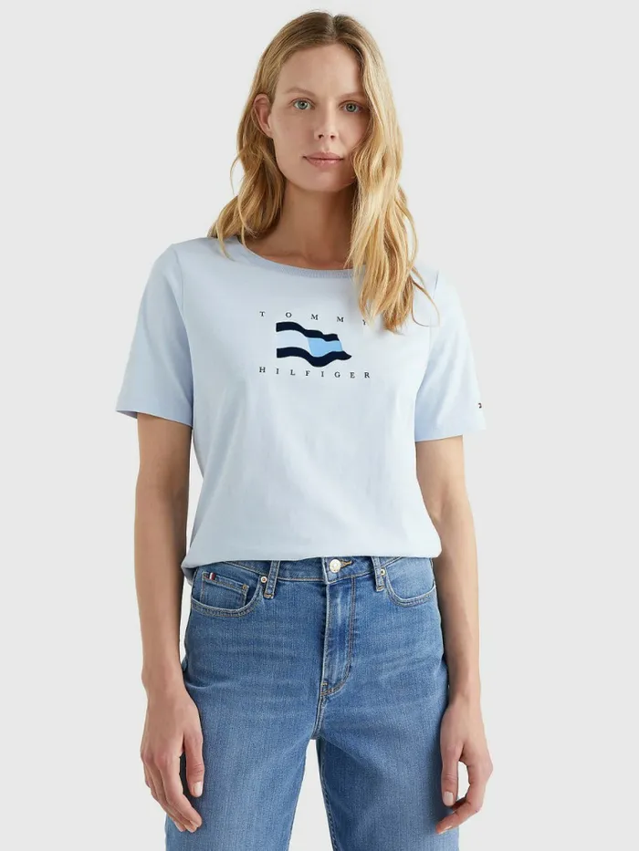 Tommy Hilfiger Flock Flag TShirt Breezy Blue Womens TShirts For Sale