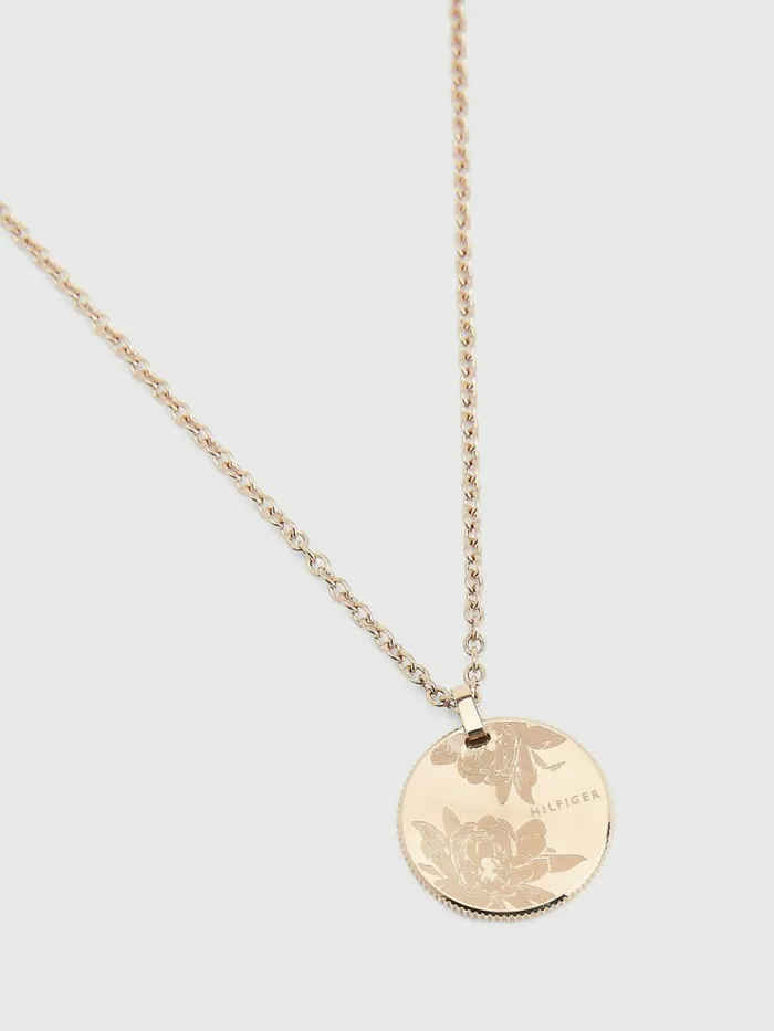 Tommy Hilfiger Floral Engraved Pendant Necklace Carnation Gold Womens Jewellery