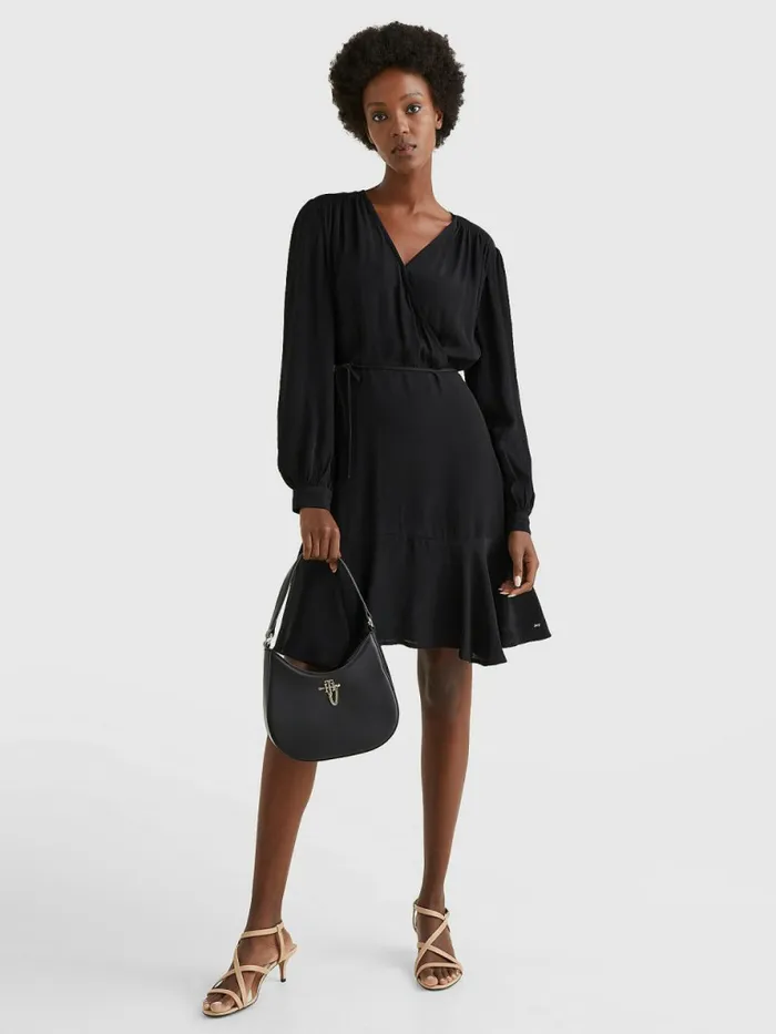 Tommy Hilfiger Floral Wrap Knee Length Dress Black Womens Dresses and Jumpsuits Casaul