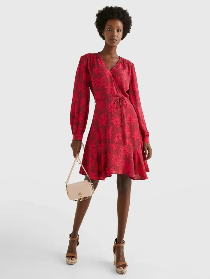 Tommy Hilfiger Floral Wrap Knee Length Dress Mid Scale BloomPink Splendor Womens Dresses and Jumpsuits Fashion