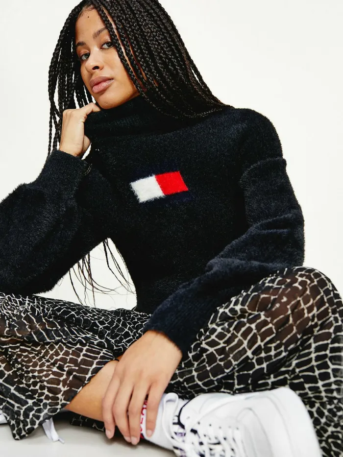 Tommy Hilfiger Furry Flag Roll Neck Jumper Black Womens Knitwear Fashion