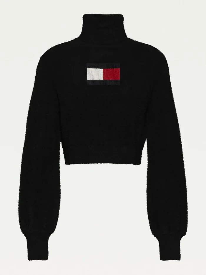 Tommy Hilfiger Furry Flag Roll Neck Jumper Black Womens Knitwear Fashion