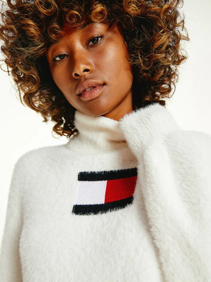Tommy Hilfiger Furry Flag Roll Neck Jumper Ecru Womens Knitwear For Sale